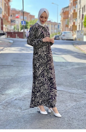 Yakası Bağcıklı Tesettür Elbise Mor