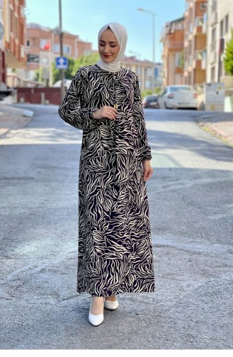 Yakası Bağcıklı Tesettür Elbise Mor