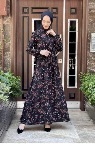 Çiçek Desenli Kemerli Elbise Siyah