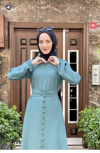 Önden Düğmeli Fırfırlı Elbise 1519A-09 Zümrüt Yeşili