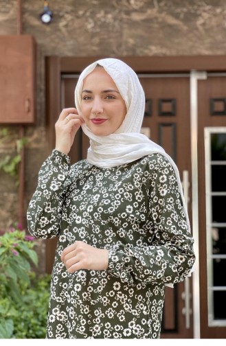 Desenli Tesettür Elbise Haki
