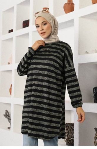 Kalın Çizgili Tesettür Tunik Siyah