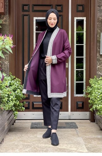 Yaka Detaylı Kimono Mürdüm