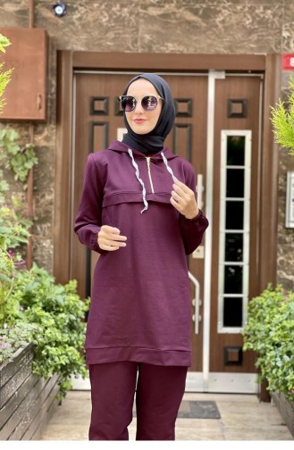 Yakası Fermuarlı Kanguru Model Takım Mürdüm