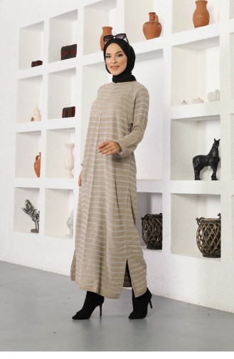 Kolları Boncuklu Çizgili Model Elbise Bej