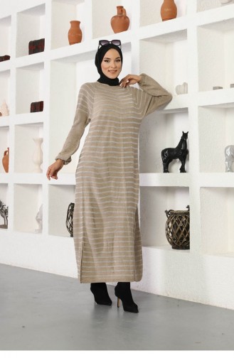 Kolları Boncuklu Çizgili Model Elbise Bej