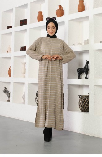 Kolları Boncuklu Çizgili Model Elbise Bej
