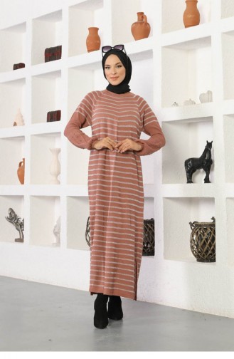 Kolları Boncuklu Çizgili Model Elbise Gül Kurusu