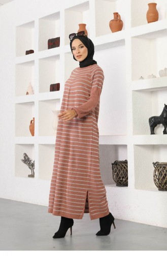 Kolları Boncuklu Çizgili Model Elbise Gül Kurusu
