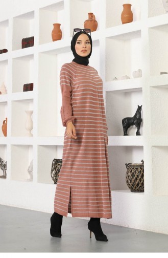 Kolları Boncuklu Çizgili Model Elbise Gül Kurusu