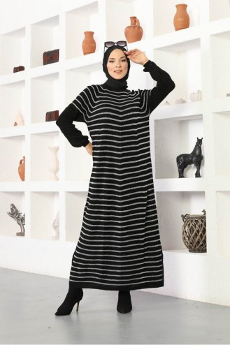 Kolları Boncuklu Çizgili Model Elbise Siyah