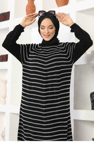 Kolları Boncuklu Çizgili Model Elbise Siyah