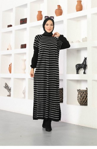 Kolları Boncuklu Çizgili Model Elbise Siyah