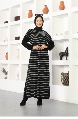 Kolları Boncuklu Çizgili Model Elbise Siyah