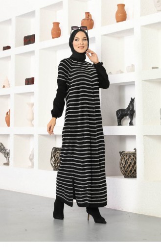 Kolları Boncuklu Çizgili Model Elbise Siyah