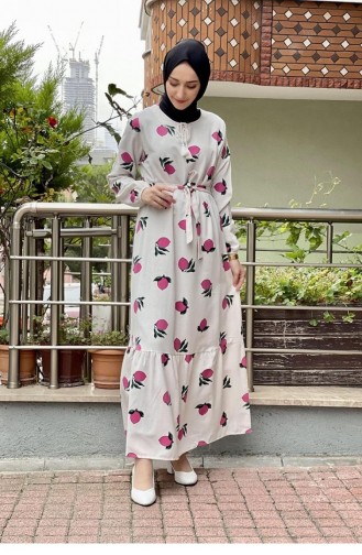 Limon Desenli Tesettür Elbise Pembe