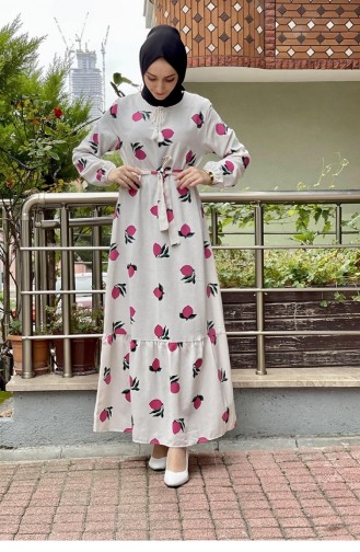 Limon Desenli Tesettür Elbise Pembe