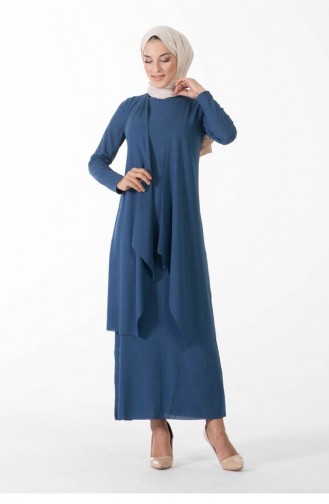 Costume Asymétrique Double Hijab 9020-03 Indigo 9020-03