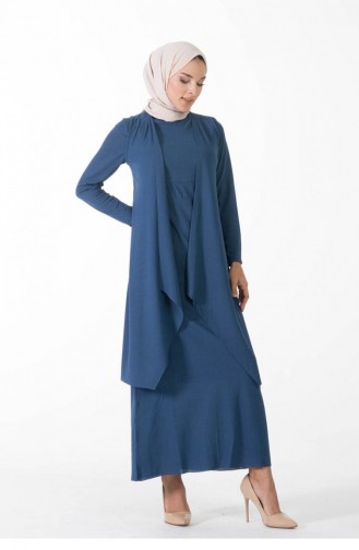 Costume Asymétrique Double Hijab 9020-03 Indigo 9020-03