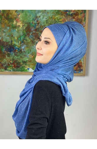 Saray Model Zilverkleurige Zijgedrapeerde Sjaal SEARCH17SHAL24-06 Blauw 17ŞAL24-06