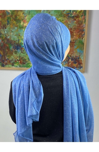 Saray Model Zilverkleurige Zijgedrapeerde Sjaal SEARCH17SHAL24-06 Blauw 17ŞAL24-06