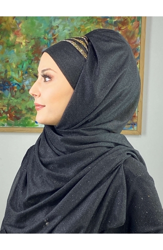 Doppelfarbiger Geraffter Schal Aus Glitzerndem Chiffon Sultan-Modell ARA17SHAL52-04 Schwarz Gold Gelb 17ŞAL52-04