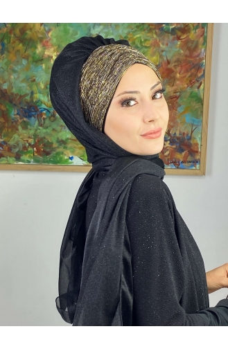 Double Color Sultan Model Glitter Chiffon Gathered Shawl ARA17SHAL52-05 Black Gold Yellow 17ŞAL52-05