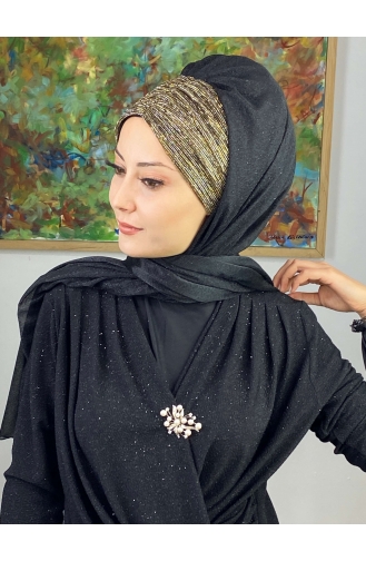 Double Color Sultan Model Glitter Chiffon Gathered Shawl ARA17SHAL52-05 Black Gold Yellow 17ŞAL52-05