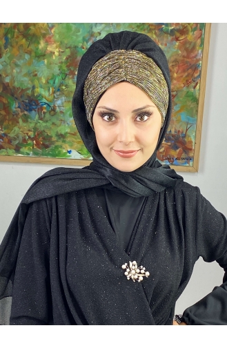 Double Color Sultan Model Glitter Chiffon Gathered Shawl ARA17SHAL52-05 Black Gold Yellow 17ŞAL52-05