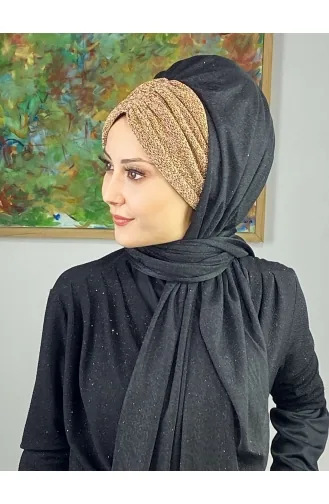 Double Color Sultan Model Glitter Chiffon Gathered Shawl ARA17SHAL52-08 Black Gold Yellow 17ŞAL52-08