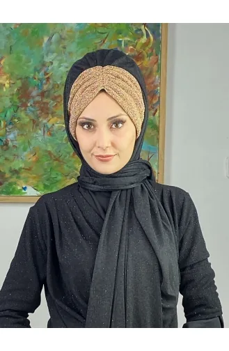 Double Color Sultan Model Glitter Chiffon Gathered Shawl ARA17SHAL52-08 Black Gold Yellow 17ŞAL52-08
