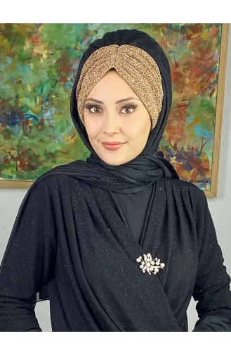Double Color Sultan Model Glitter Chiffon Gathered Shawl ARA17SHAL52-08 Black Gold Yellow 17ŞAL52-08