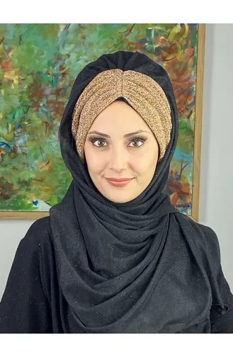 Double Color Sultan Model Glitter Chiffon Gathered Shawl ARA17SHAL52-08 Black Gold Yellow 17ŞAL52-08