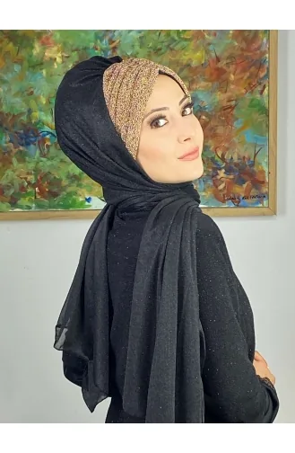 Double Color Sultan Model Glitter Chiffon Gathered Shawl ARA17SHAL52-08 Black Gold Yellow 17ŞAL52-08