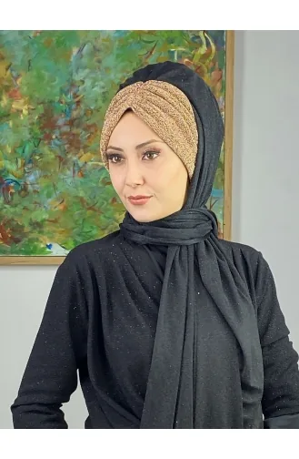 Double Color Sultan Model Glitter Chiffon Gathered Shawl ARA17SHAL52-08 Black Gold Yellow 17ŞAL52-08