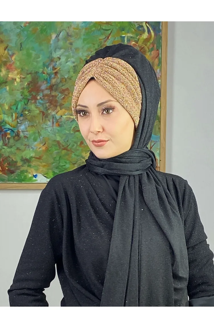 Double Color Sultan Model Glitter Chiffon Gathered Shawl ARA17SHAL52-08 Black Gold Yellow 17ŞAL52-08