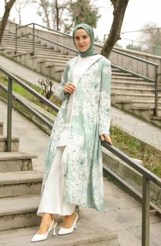 Gemusterte Abaya mit Kapuze 36067-01 Mint Grün 36067-01