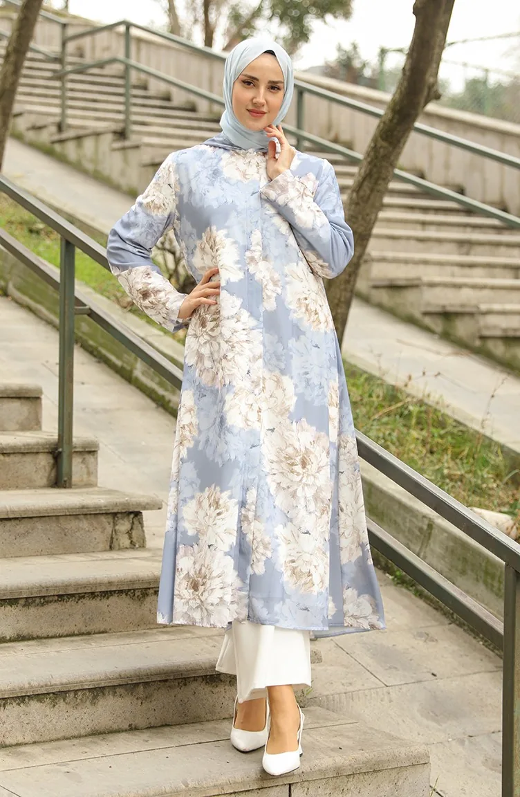 Abaya à Motifs à Capuche 36067-03 Bleu 36067-03