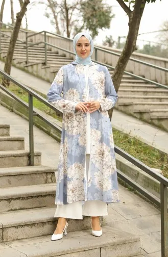 Abaya à Motifs à Capuche 36067-03 Bleu 36067-03