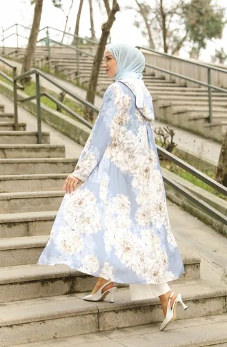 Abaya à Motifs à Capuche 36067-03 Bleu 36067-03