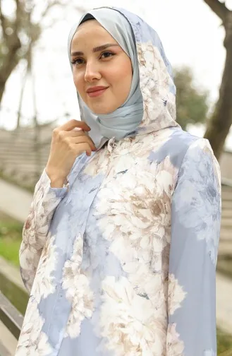 Abaya à Motifs à Capuche 36067-03 Bleu 36067-03