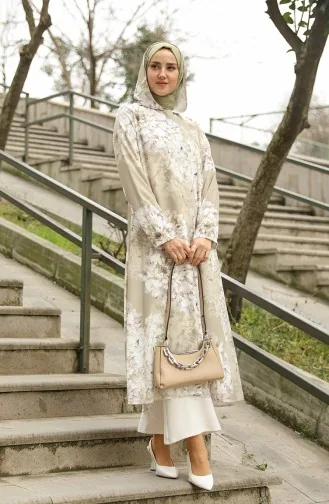 Hooded Patterned Abaya 36067-04 Khaki 36067-04