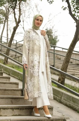 Hooded Patterned Abaya 36067-04 Khaki 36067-04
