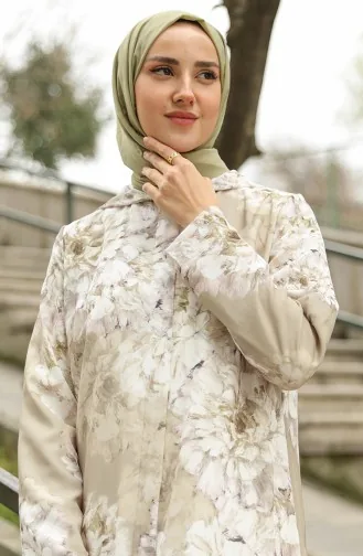 Hooded Patterned Abaya 36067-04 Khaki 36067-04