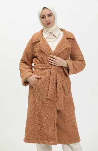 Manteau en Peluche à Ceinture 1109-01 Café au Lait 1109-01