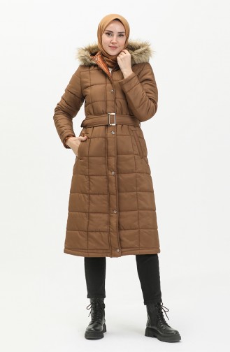 Manteau Matelassé à Capuche en Fourrure 516522A-01 Tabac 516522A-01