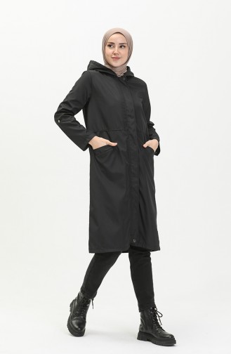 Trench Coat à Capuche En Tissu 1119-03 Noir 1119-03