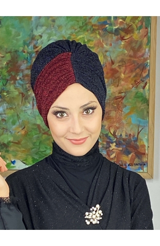 Bonnet Extérieur Froncé Double Couleur Modèle Sultan 1ARA181222-03 Noir Rouge Bordeaux 1ARA181222-03