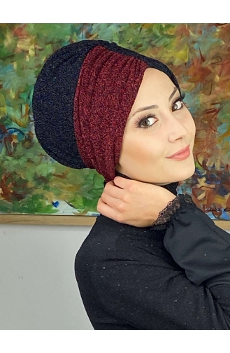 Bonnet Extérieur Froncé Double Couleur Modèle Sultan 1ARA181222-03 Noir Rouge Bordeaux 1ARA181222-03