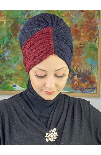 Bonnet Extérieur Froncé Double Couleur Modèle Sultan 1ARA181222-03 Noir Rouge Bordeaux 1ARA181222-03